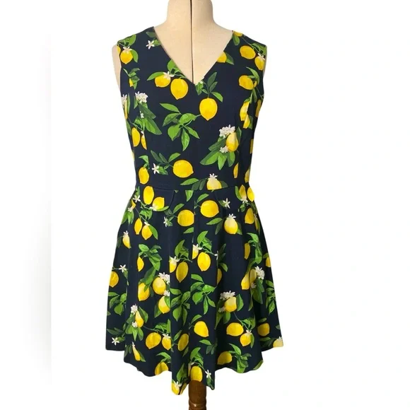 Lemon Be by Chetta B Dress Size 14 Cute Fruit A Line Summer Lemonade Stretch - Picture 1 of 6